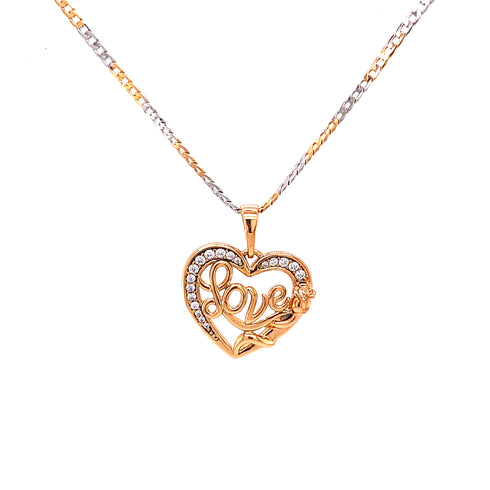 A heart-shaped pendant with clear zirconia stones and the word "Love" engraved shines brilliantly. It gracefully dangles from a 14K two-tone rose gold-filled Cuban link chain, exuding a perfect blend of charm and sophistication as the "Rose of Love Zirconia Pendant Necklace.